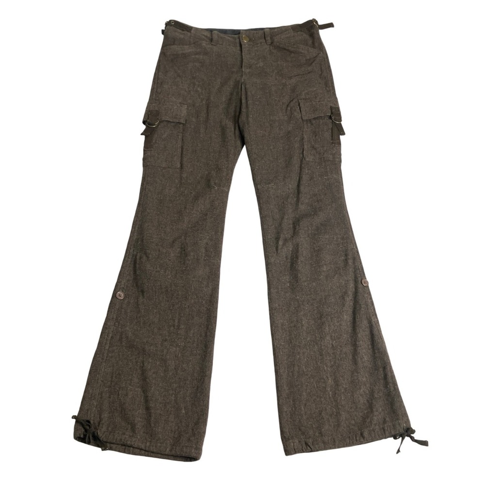Vintage Y2K Express Flare Cargo Pants Women 2 Brown Wool Blend Tweed Convertible